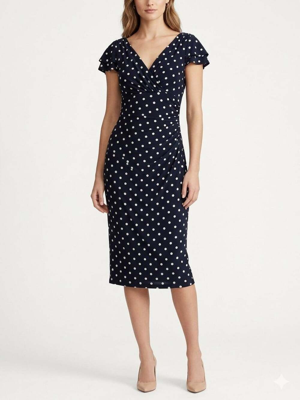 Lauren Ralph Lauren Polka Dot Dress Size 4 Navy White V-Neck Ruffle